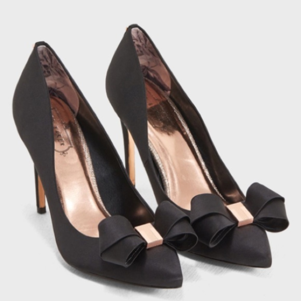 Ted Baker Skalett Black Satin Bow Pointed Toe Stiletto Pump Shoes Sz 37 Women